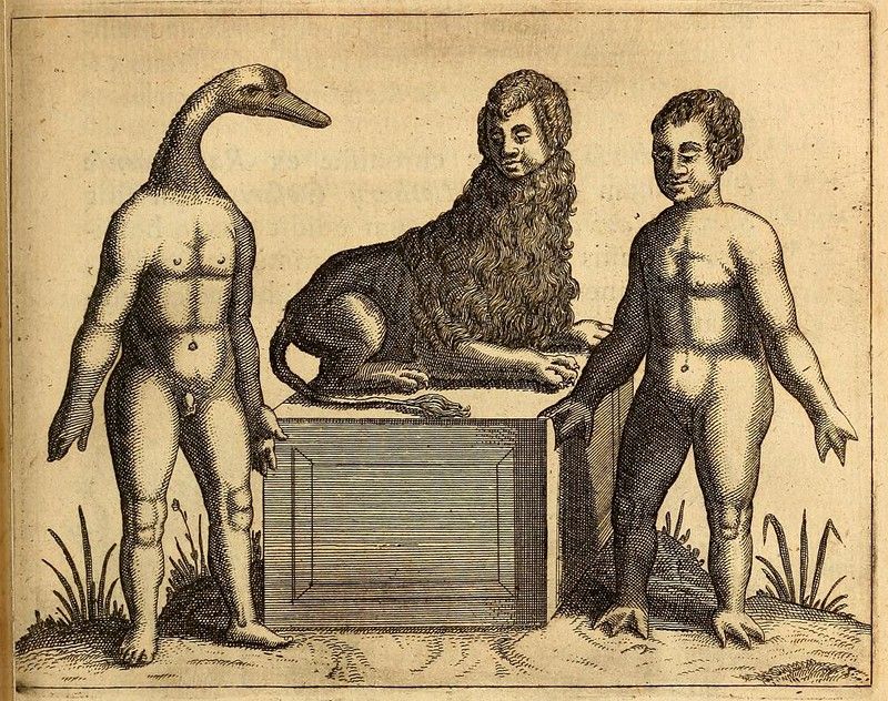 Vintage engraving of a duck-headed human, a sphinx, and another unusual human figure.