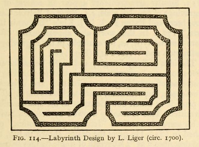 A black and white drawing of a labyrinth design by L. Liger from around 1700.