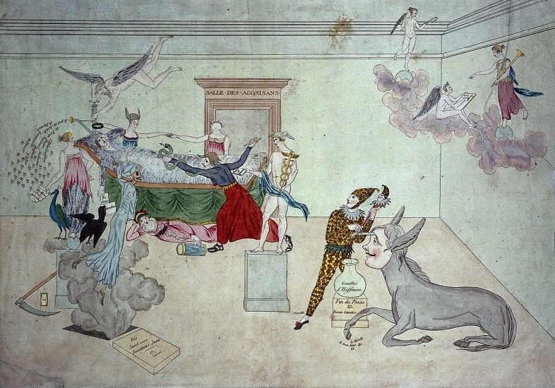 A detailed cartoon depicting a chaotic scene within a grand room, with figures struggling around a doorway labeled 'Salle des Agonisans'. An angel, a jester, and a donkey are also present.