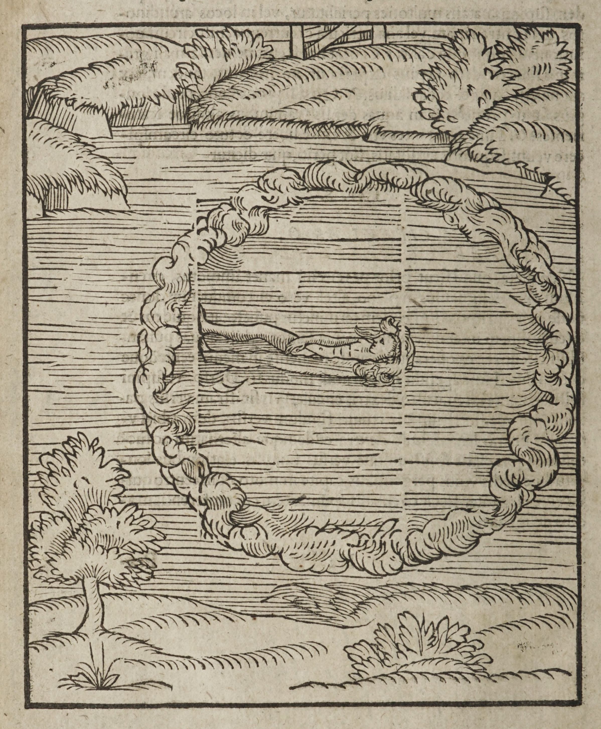 A black and white woodcut illustration featuring an ornate, looping frame composed of a thick, rope-like vine with numerous leaves and branches.