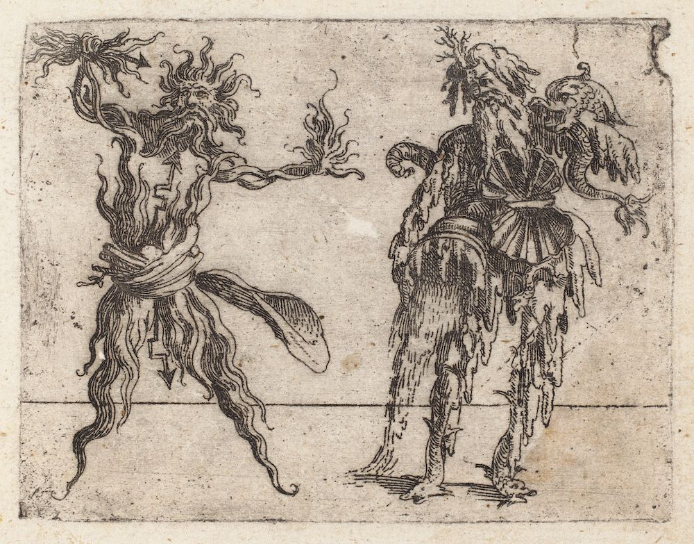 A black and white etching depicting two figures made of vegetation or plant matter. The figure on the left is taller and blowing flames, while the figure on the right is holding the head of another figure.