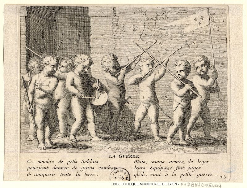 An engraving of five cherubs armed with different weapons, engaged in a mock battle.