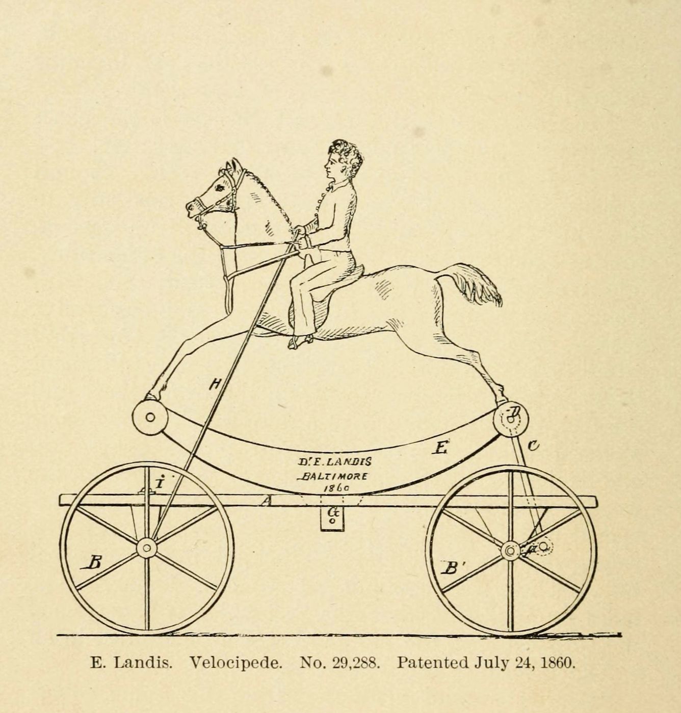 Vintage illustration of a velocipede, an early bicycle, patented by E. Landis in Baltimore in 1860.