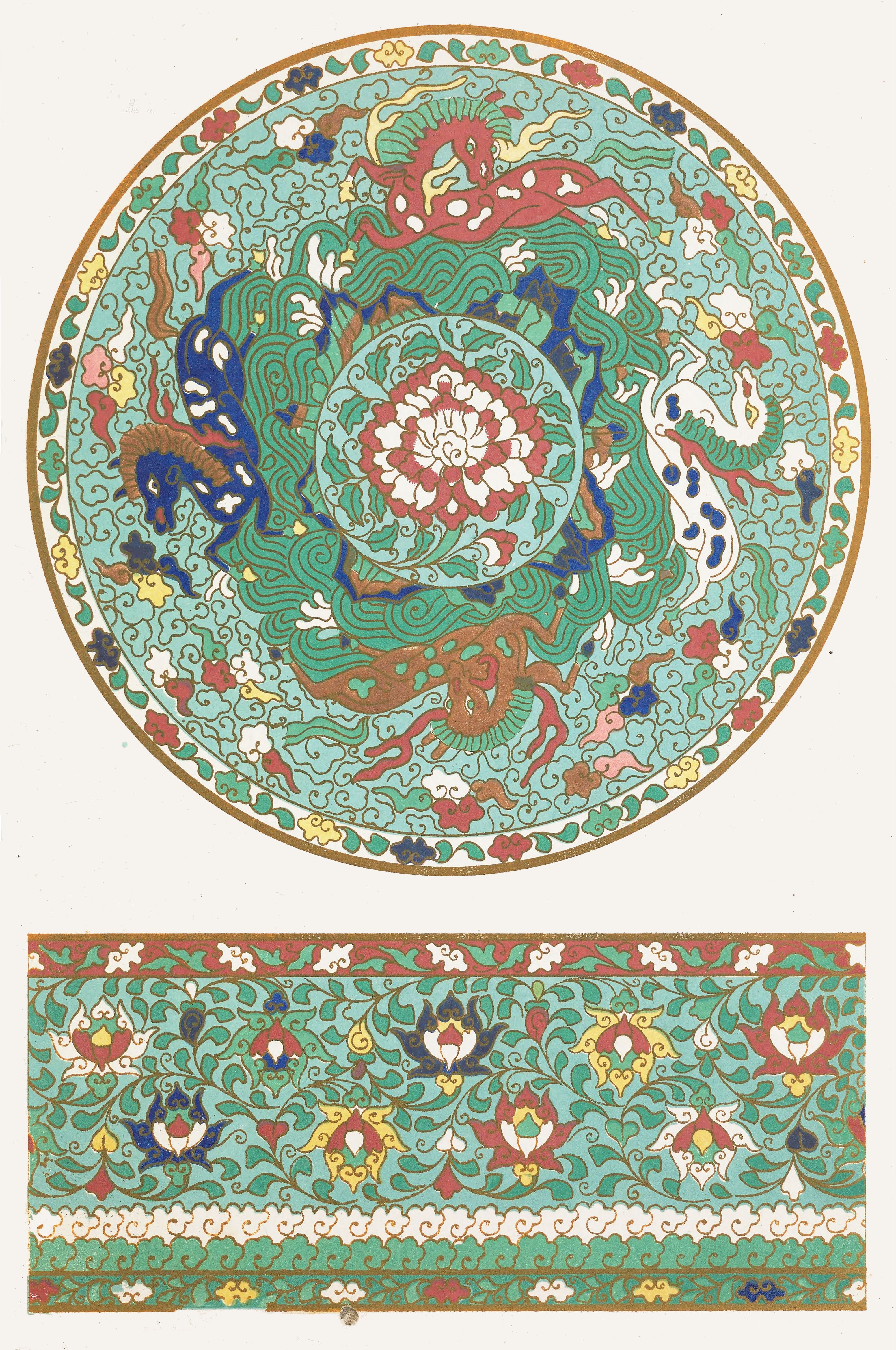 Two sections of intricate, traditional artwork. The top section is a circular design featuring two dragons intertwined around a central floral motif. The bottom section is a rectangular section displaying a repeating floral pattern.
