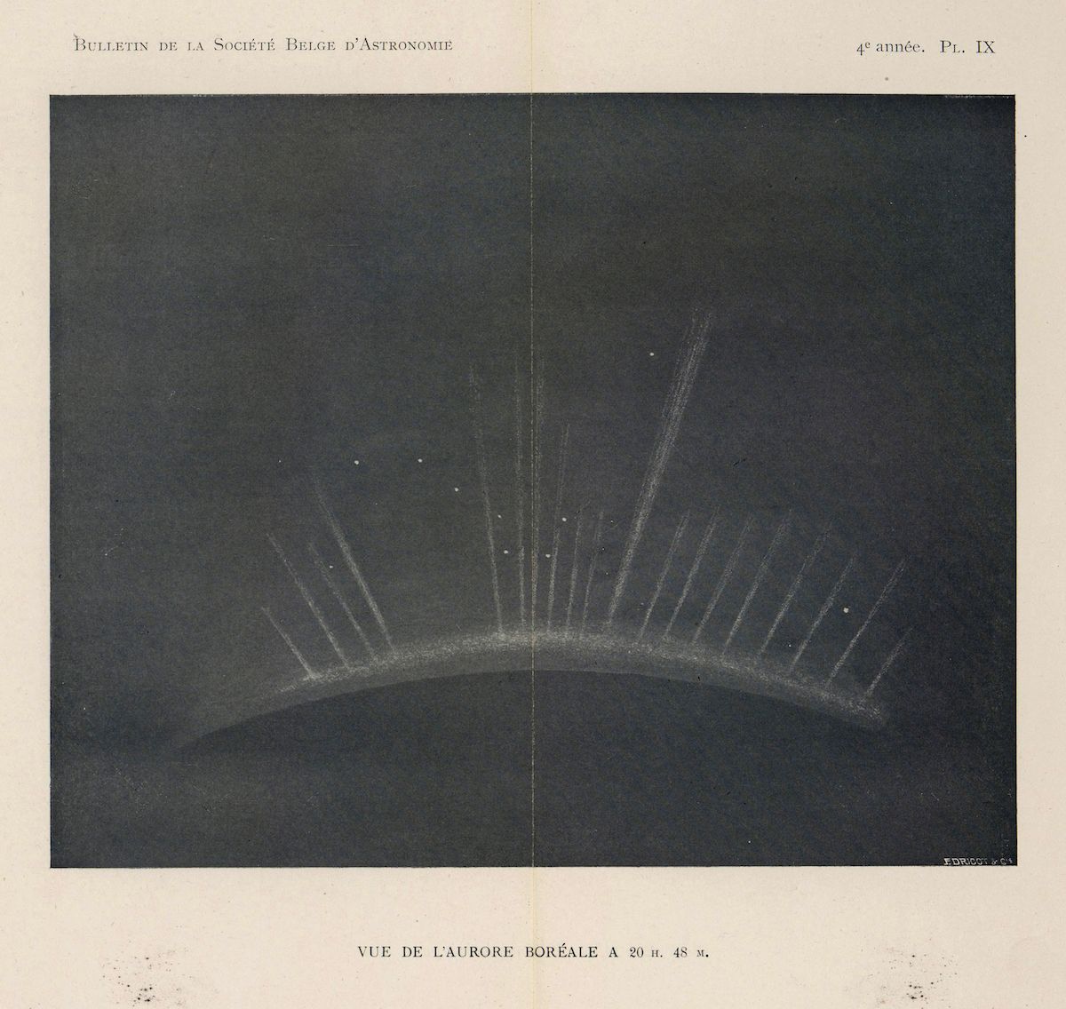 Vintage photograph of an aurora borealis with vertical rays stretching across the horizon, set against a dark sky with scattered stars.