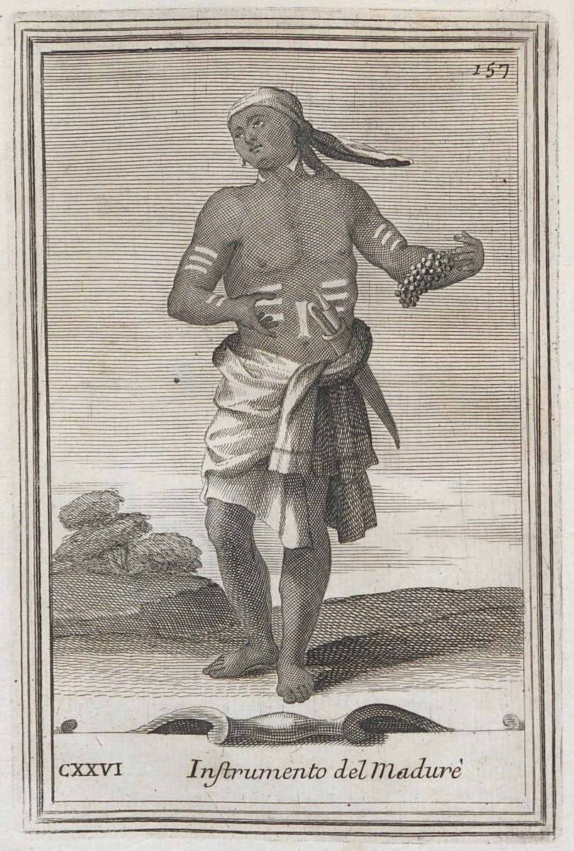 Engraving of a man in a loincloth and headband standing in a landscape.