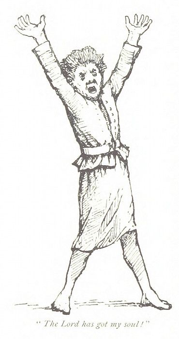 A black and white sketch of a person with their arms raised in a dramatic pose, with the caption "The Lord has got my soul!"