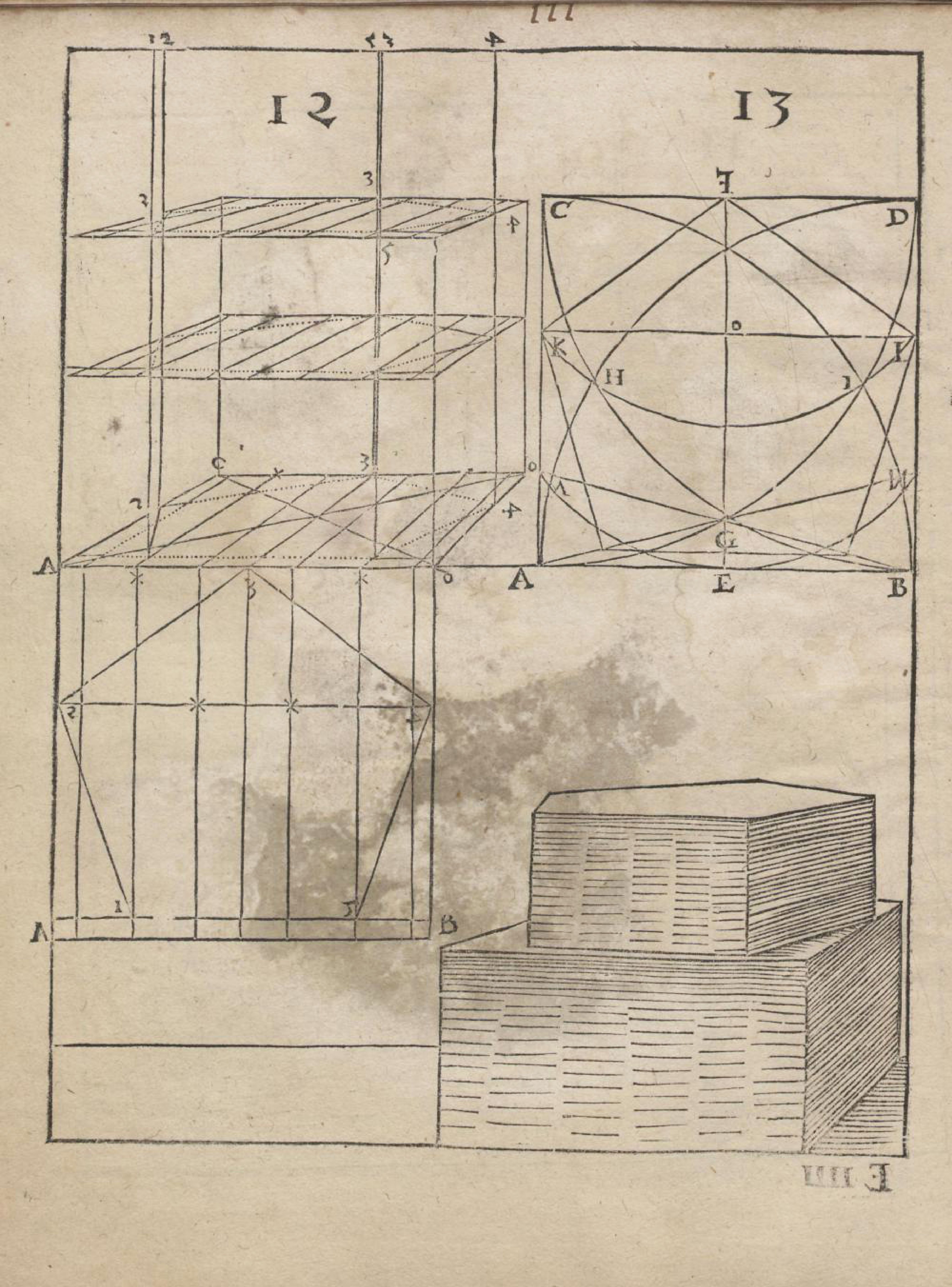 A page from an old book with geometric diagrams and a stack of cubes.