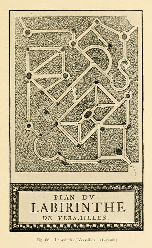 A vintage plan of the labyrinth at Versailles, showing a complex network of paths and geometric patterns.