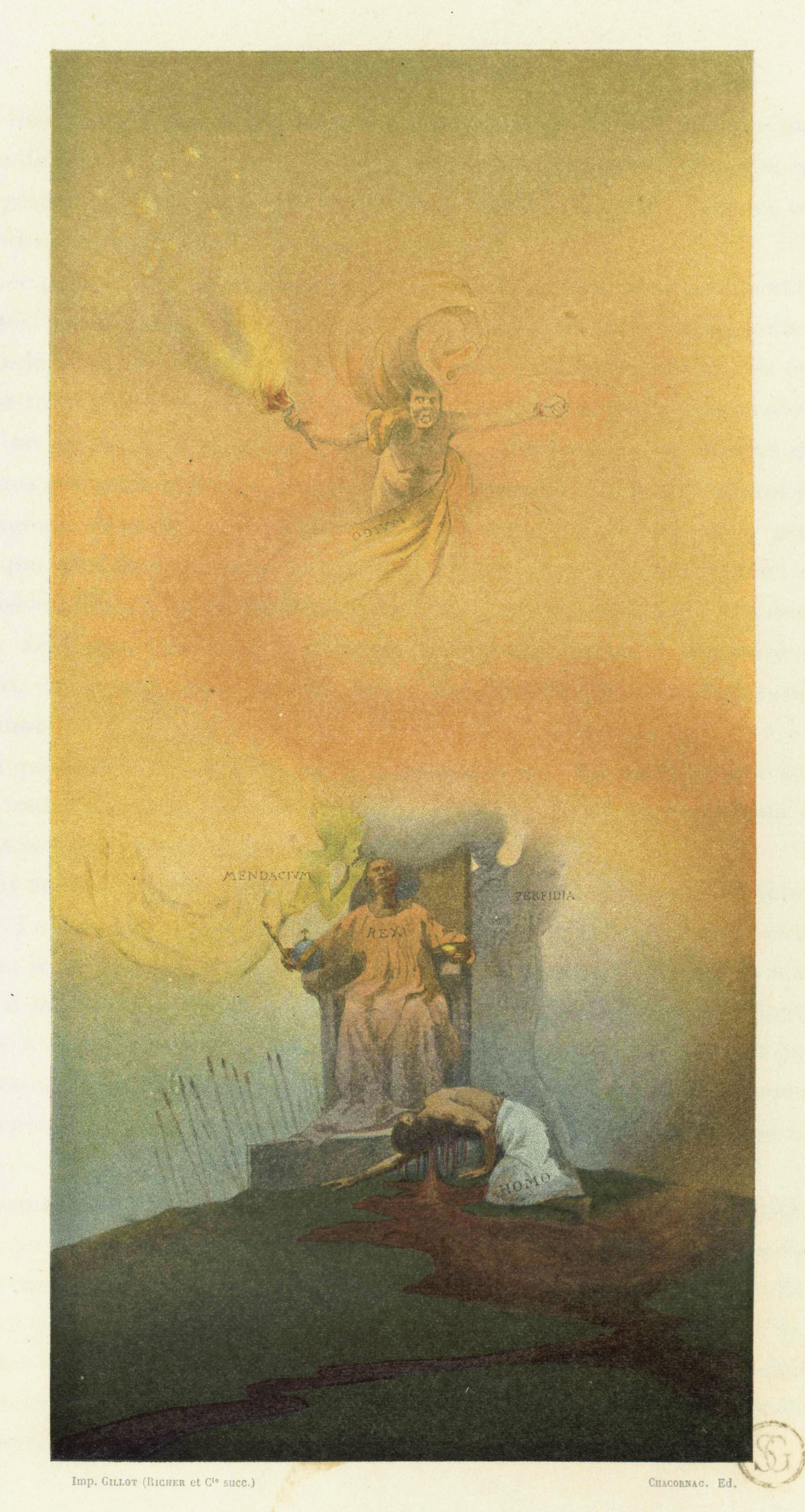 A vintage illustration depicting a woman pierced by arrows seated on a throne, with a luminous figure descending from above and a figure lying on the ground.