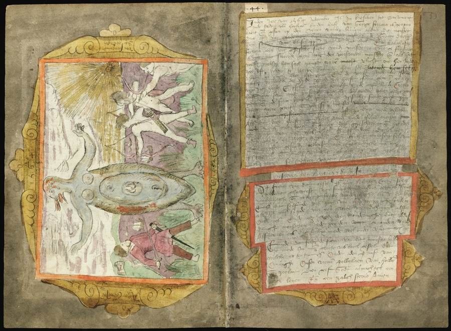 An open page from an old book or manuscript with an illustration of a man being lifted towards the sun above a dragon, and dense handwritten text on the right side.
