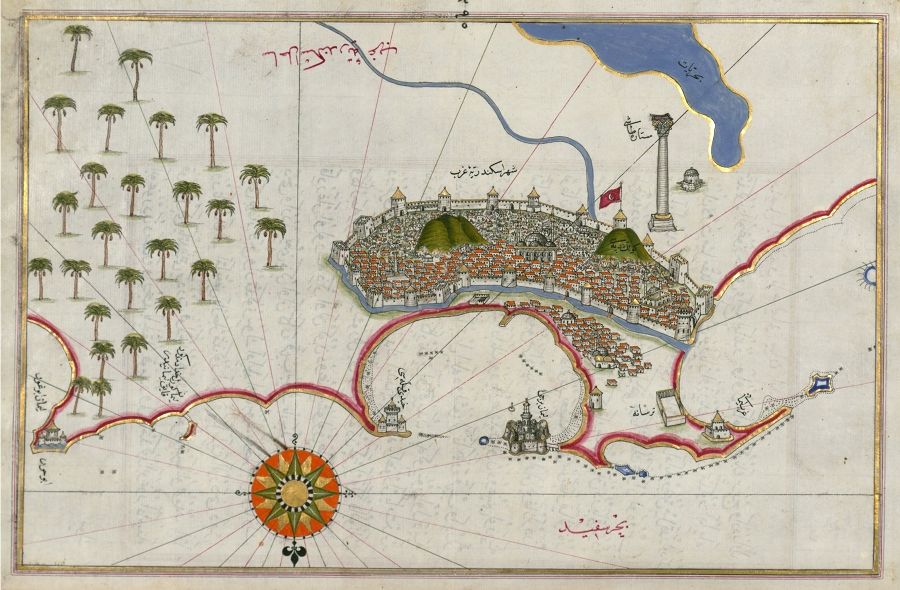 Antique map of a coastal city with palm trees, fortifications, and a compass rose.