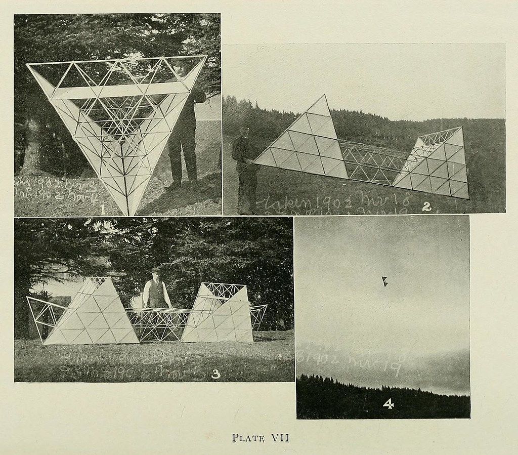A black and white photograph featuring four separate images arranged on a single plate labeled 'PLATE VII'. Each image depicts a series of triangular structures constructed from a lattice-like framework of wooden beams.