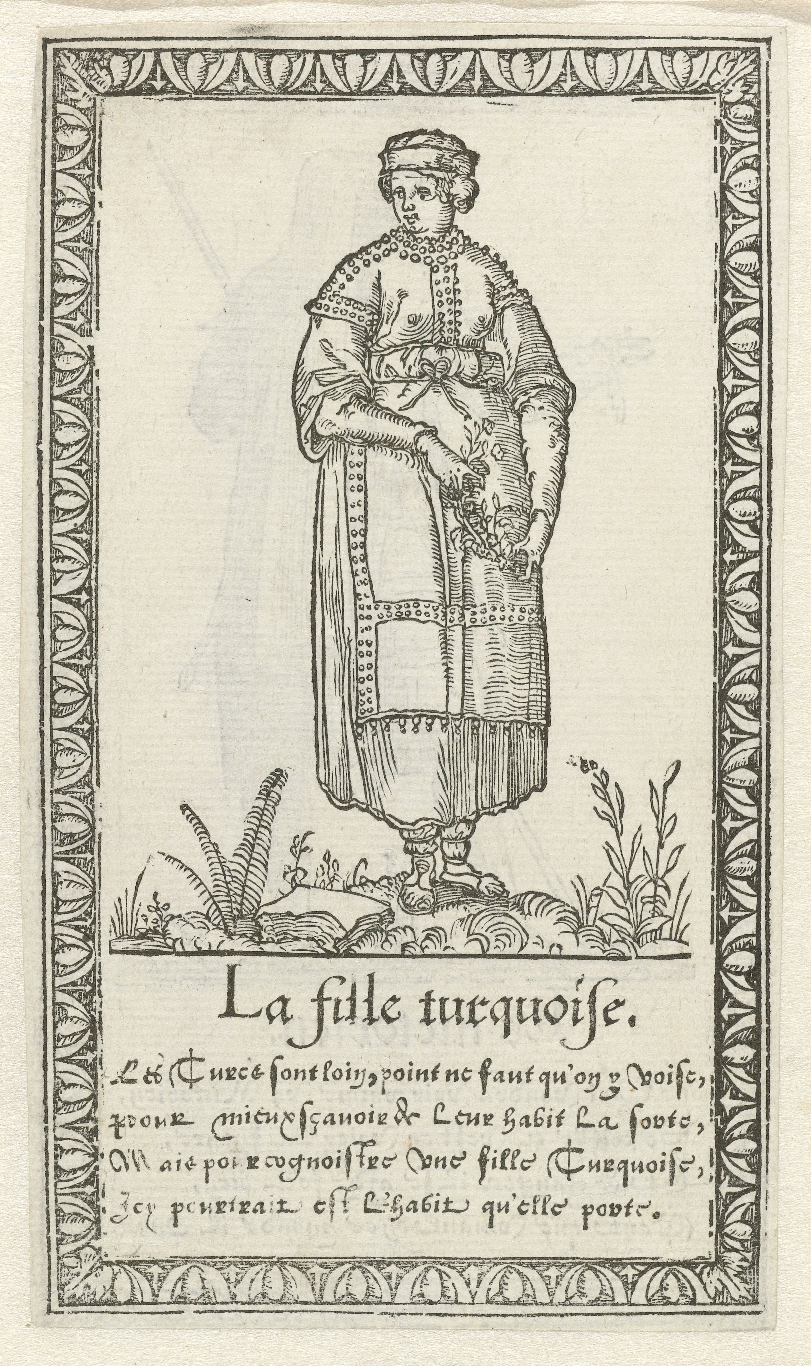 A black and white woodcut illustration of a woman in a long dress and head covering, standing in a field of grass and plants. Beneath the illustration is a block of text in French.