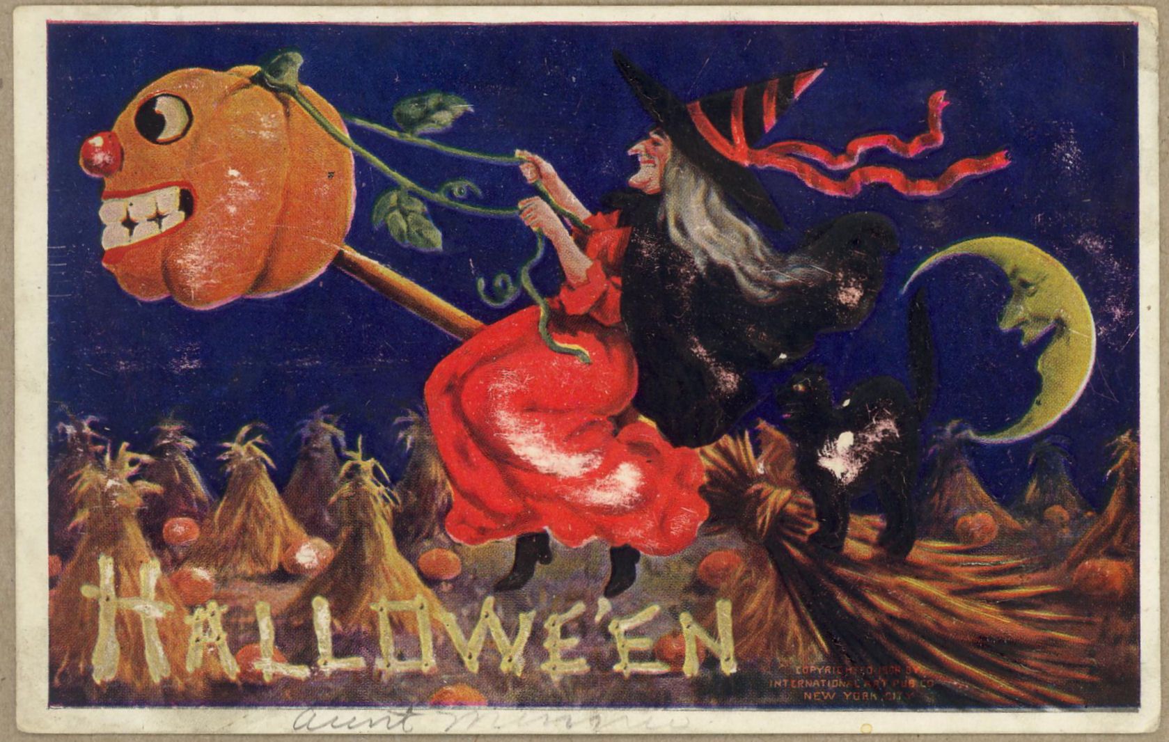 Vintage Halloween postcard with a witch riding a pumpkin.
