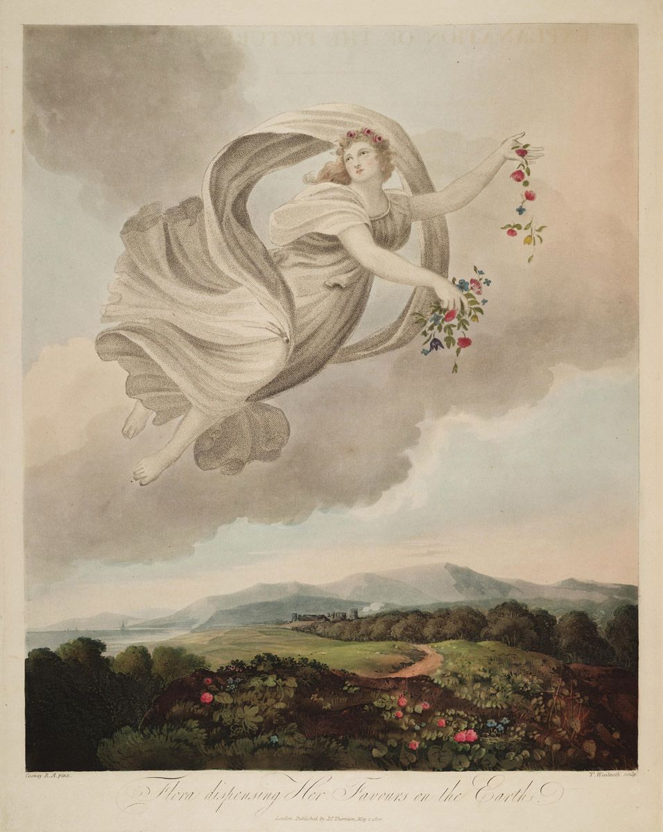 Vintage engraving of Flora, a goddess, scattering flowers over a lush landscape with a castle in the distance.