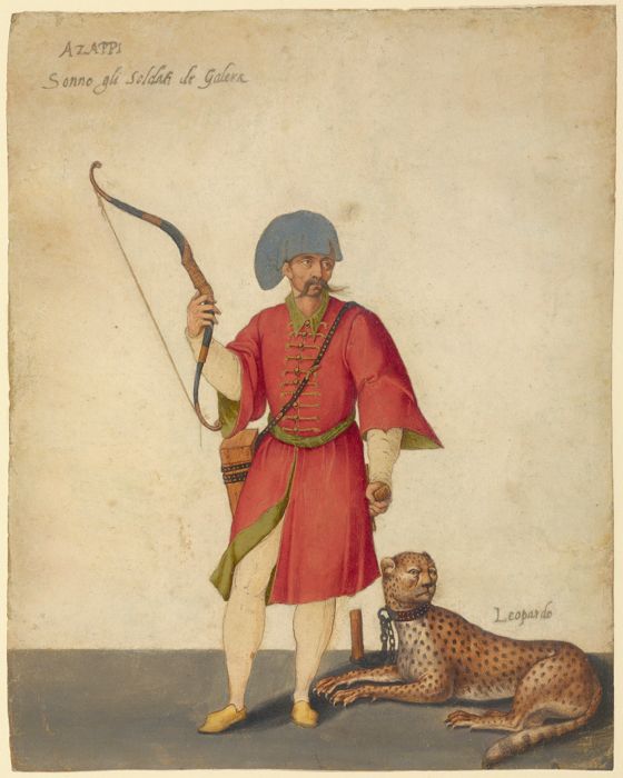 Watercolor painting of a man in traditional clothing standing next to a leopard.