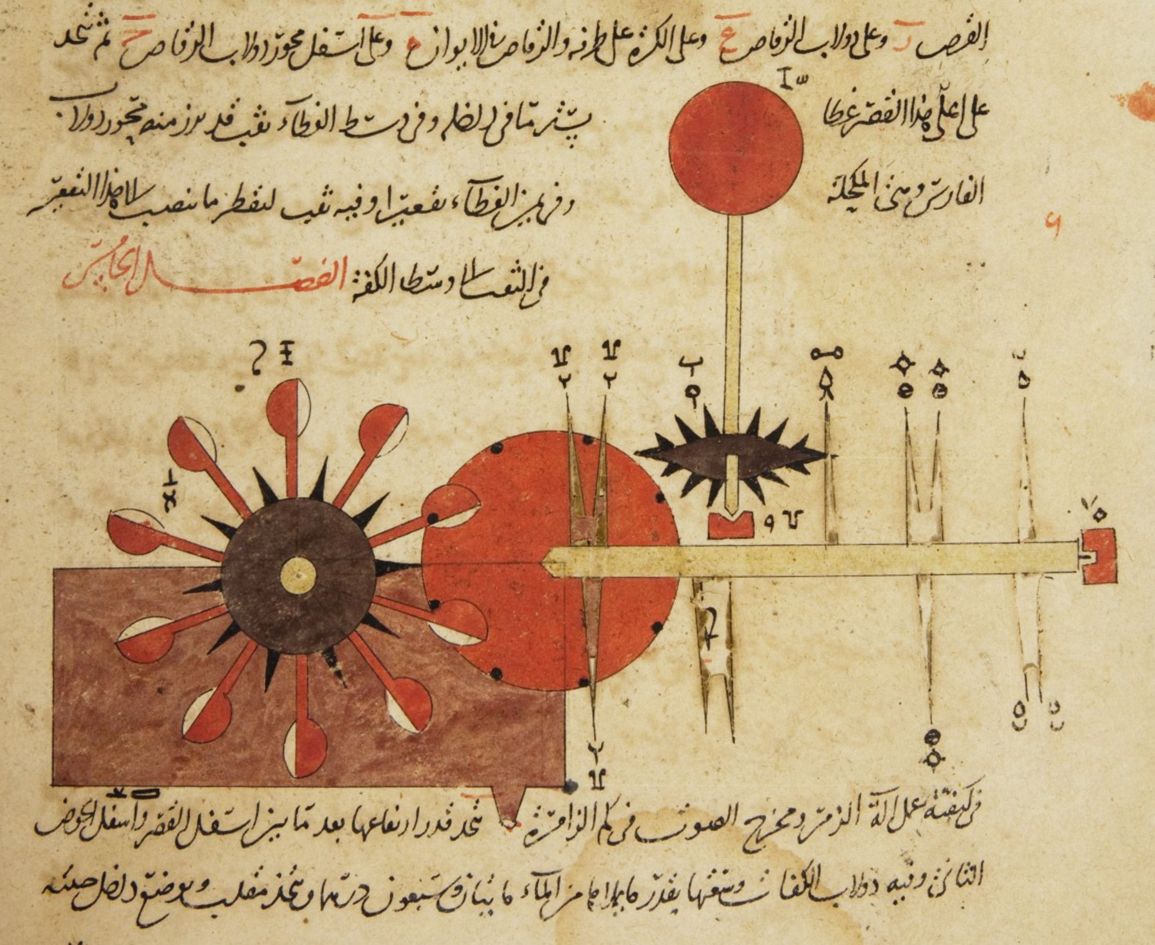 A detailed illustration from an ancient manuscript, depicting a complex mechanical device or astronomical instrument with red gears and Arabic script.