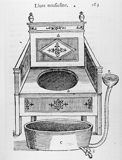 A black and white woodcut illustration of an early form of toilet or commode.
