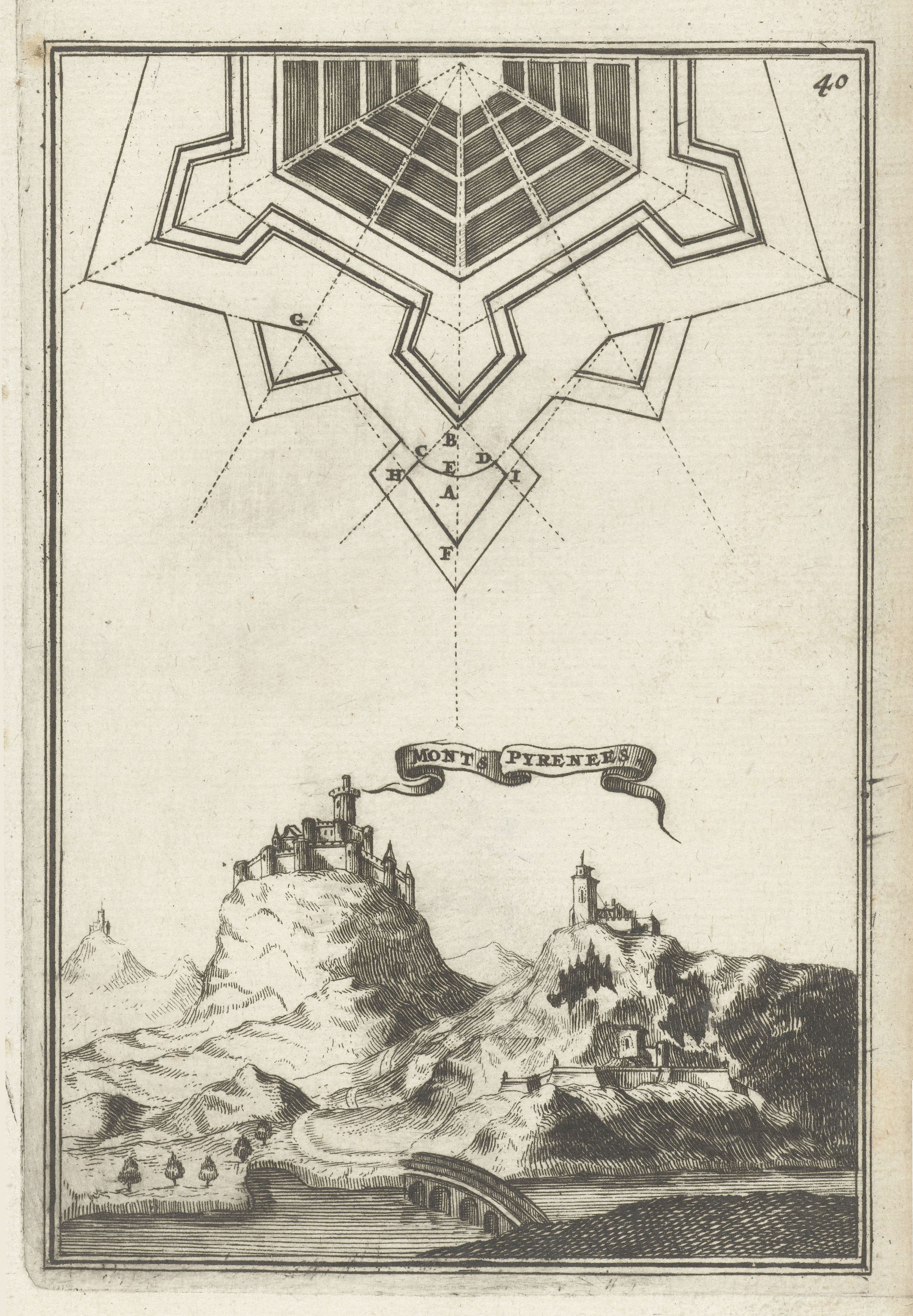 Vintage black and white drawing of a star-shaped fortification diagram above a landscape with a castle and mountains.