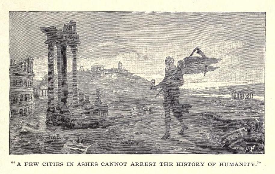A black and white illustration of a person walking through the ruins of a city, with classical columns in the background. The scene conveys a sense of devastation and resilience, with the text 'A few cities in ashes cannot arrest the history of humanity.'