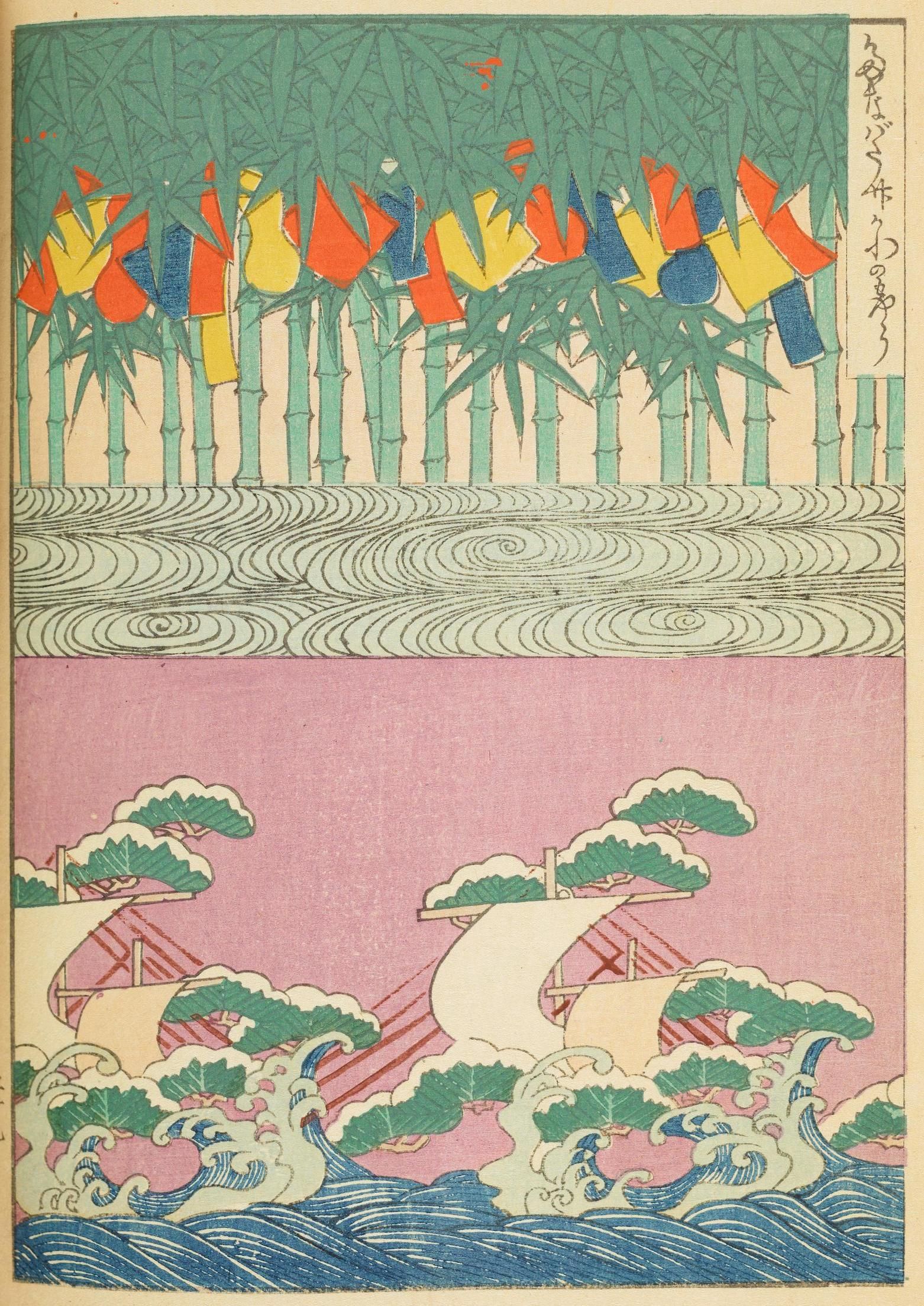 Vintage Japanese woodblock print of bamboo, waves, and a boat.