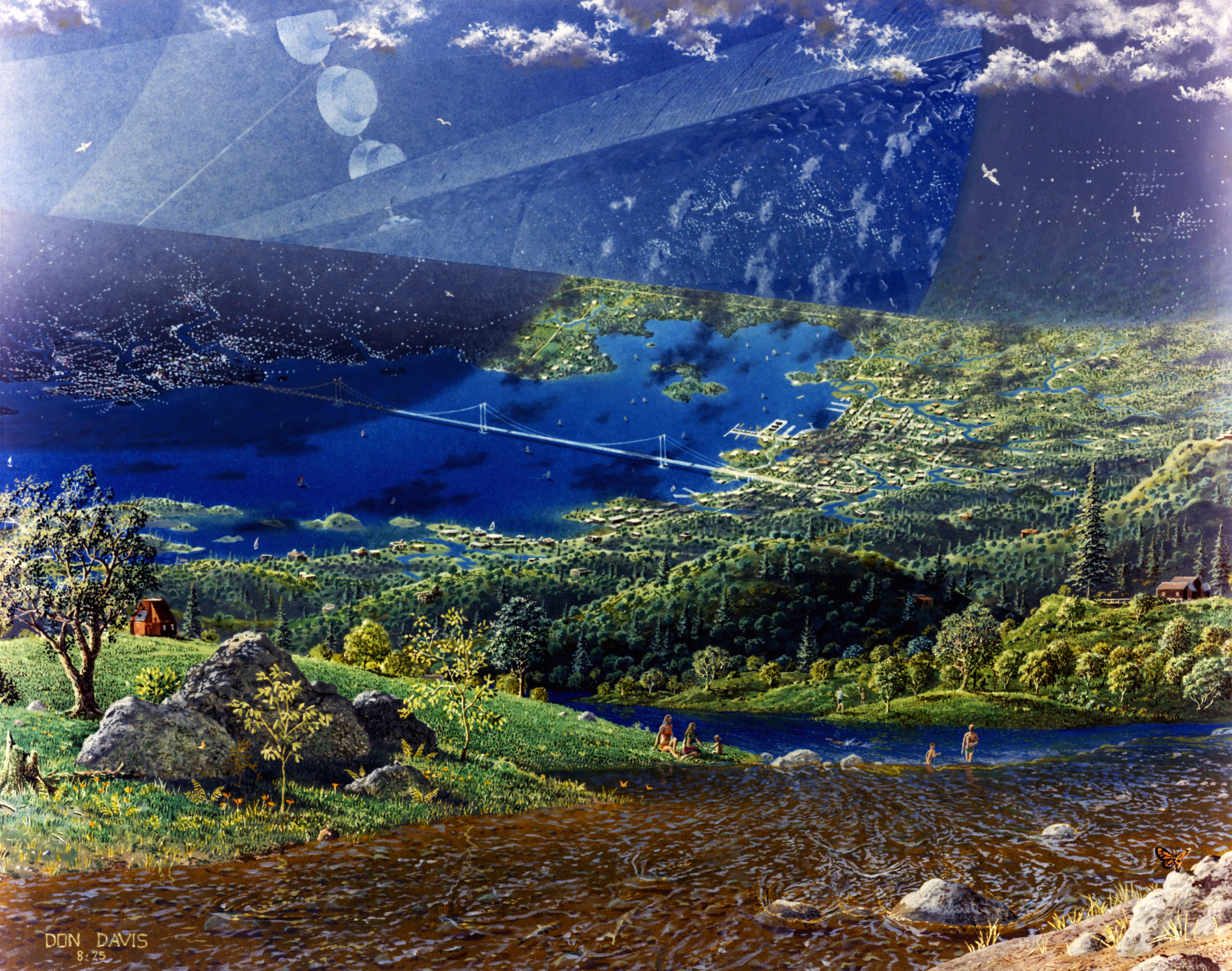 A vibrant painting of a futuristic city nestled in a lush valley, with a ringed planet and celestial bodies dominating the sky.