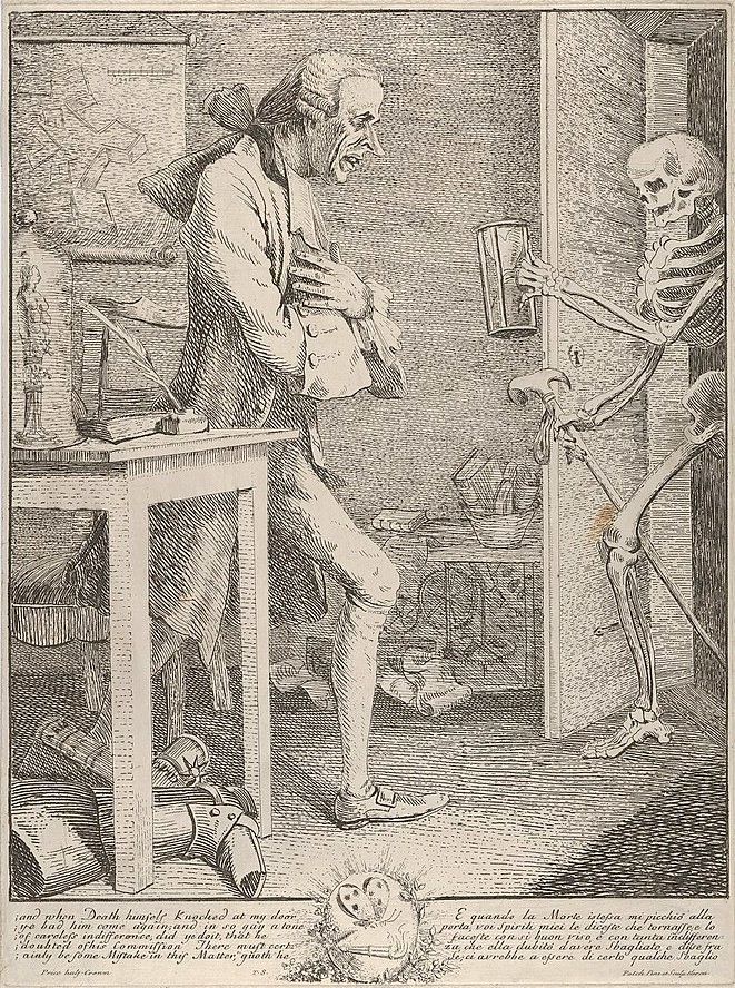A black and white engraving depicting a man applying rouge to his face while being tapped on the shoulder by a skeleton.