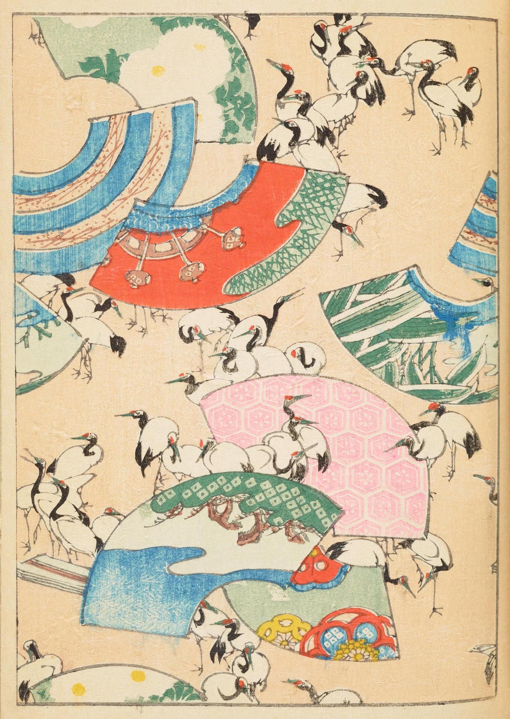 Vintage Japanese woodblock print with white birds flying around abstract geometric shapes in muted colors.