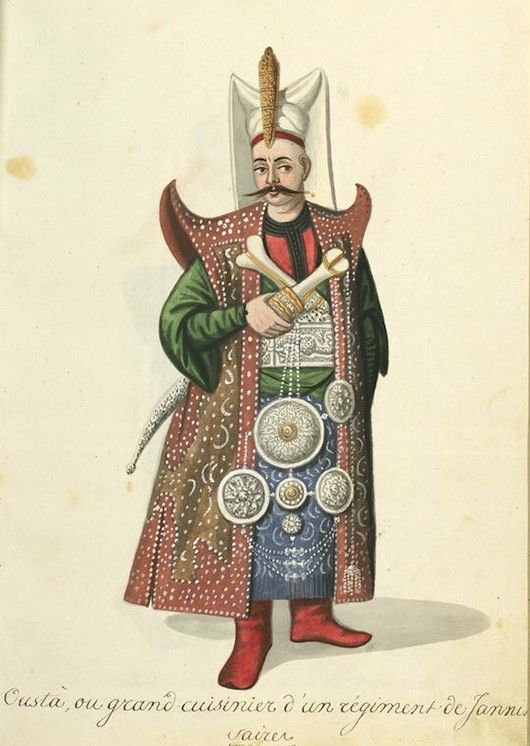 Vintage illustration of a man in elaborate historical attire, labeled as 'Custa, ou grand cuisinier d'un régiment de Janissaires.'