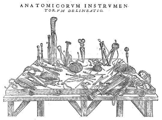 A black and white engraving of a wooden table covered with a chaotic arrangement of anatomical and surgical instruments.