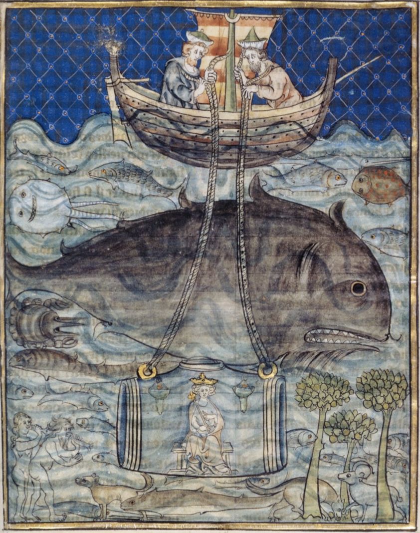 Medieval illustration of a whale being lifted out of the water by ropes attached to columns, with a crowned figure on top and a boat with three crowned figures above.