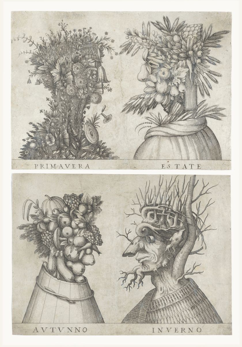 A black and white engraving depicting four allegorical heads representing the four seasons: Primavera (Spring), Estate (Summer), Autunno (Autumn), and Inverno (Winter). Each head is constructed from fruits, leaves, and branches associated with its respective season.