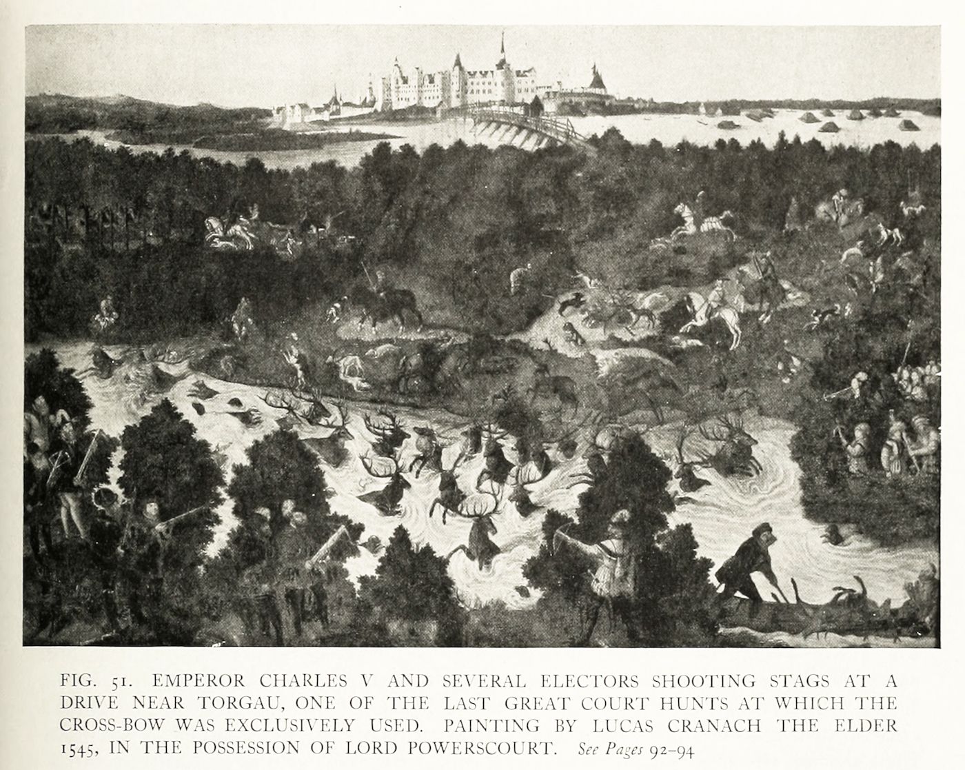 A black and white reproduction of a painting titled "Emperor Charles V and Several Electors Shooting Stags at a Drive Near Torgau." It depicts a large-scale hunting scene with numerous figures engaged in a stag hunt.