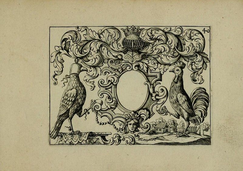 A detailed black and white ornamental design featuring birds, a crown, a sculpted face, and a landscape, all within an elaborate baroque or rococo style.