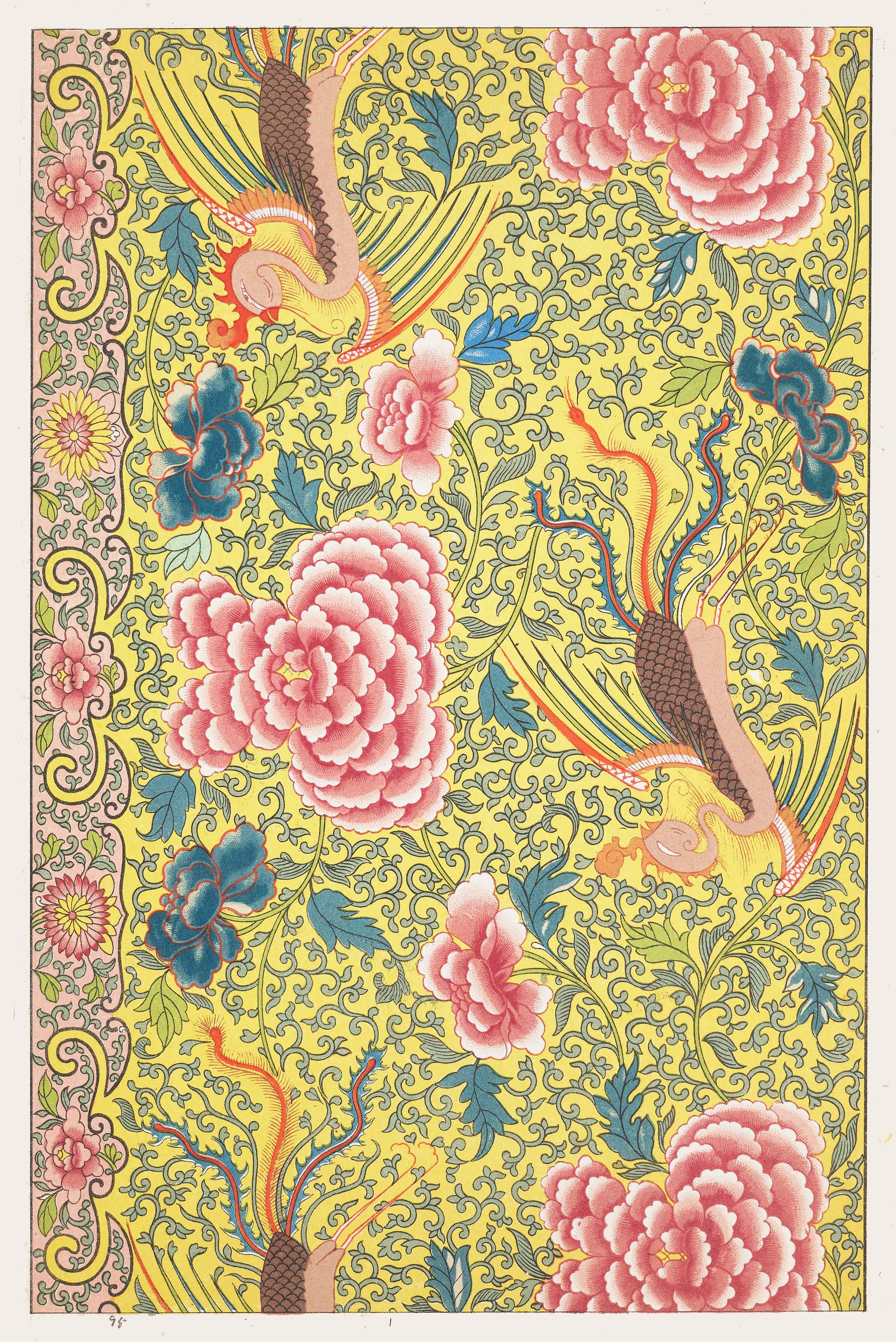 A detailed, ornate textile pattern reminiscent of traditional Chinese embroidery or brocade. The background is a soft, buttery yellow, densely filled with a swirling, intricate pattern of stylized leaves and vines in shades of green and blue. Dominating the design are large, fully bloomed pink flowers, likely peonies, with layered petals and delicate shading. Interspersed among the flowers are depictions of phoenixes, rendered in shades of brown, orange, and gold. The phoenixes are depicted in flight, with flowing tails and elaborate plumage. The entire composition is framed by a decorative border featuring more floral motifs and scrollwork in shades of pink, green, and gold.