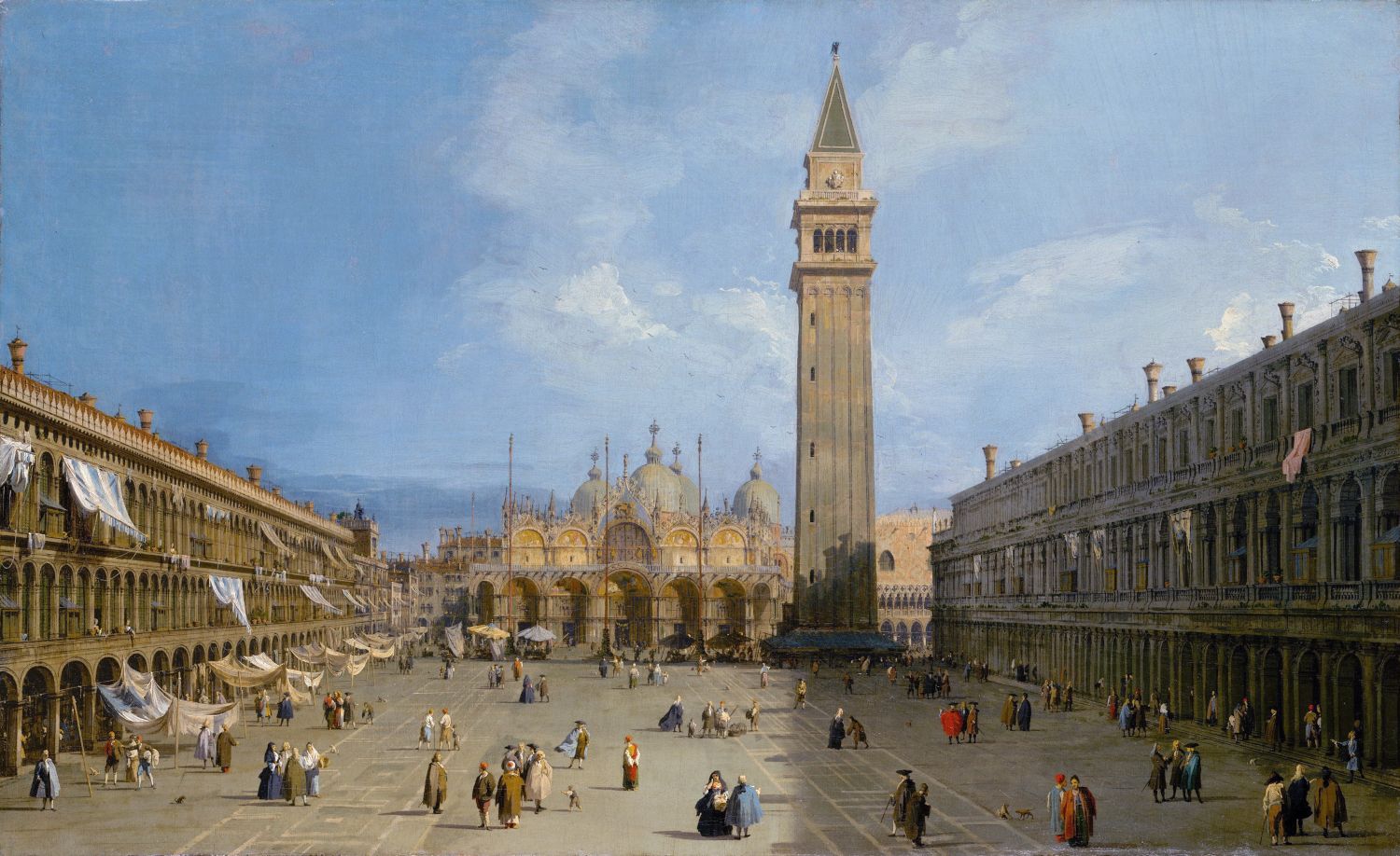 A painting of St. Mark's Square in Venice, Italy, with the Campanile and Basilica di San Marco as central features, and a bustling crowd of people in period clothing.