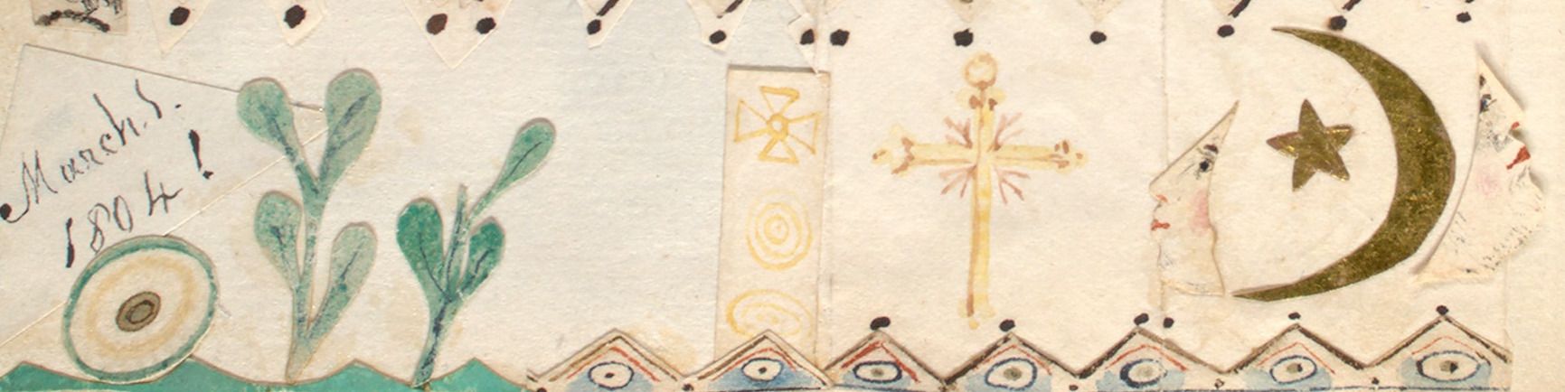 A close-up of a decorated surface with cactus, crescent moon, star, symbols, border, and writing.