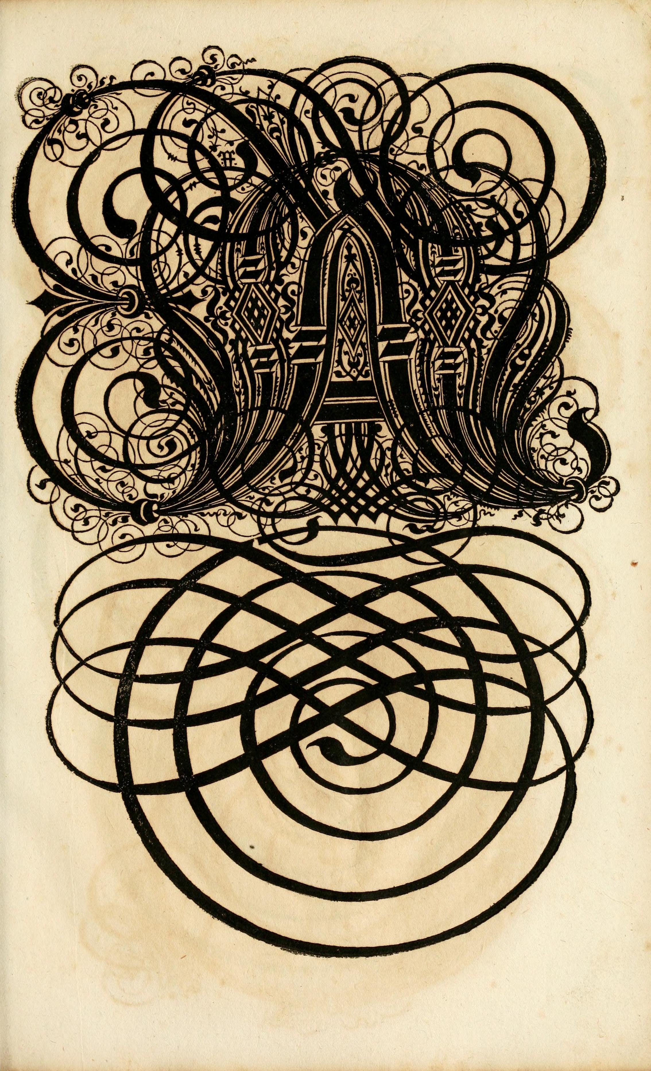 A detailed black and white drawing on aged paper featuring an ornate, symmetrical design with gothic-inspired architecture and swirling organic elements.