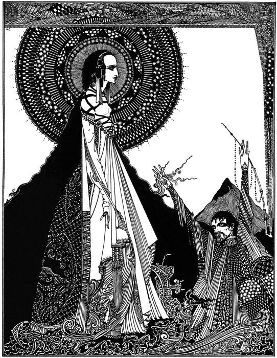 A highly detailed black and white illustration in a style reminiscent of Aubrey Beardsley. It depicts a central, ethereal figure, likely a deity or saint, standing in a dramatic pose. To the right of the central figure is a smaller, hunched figure, seemingly in a state of reverence or supplication.