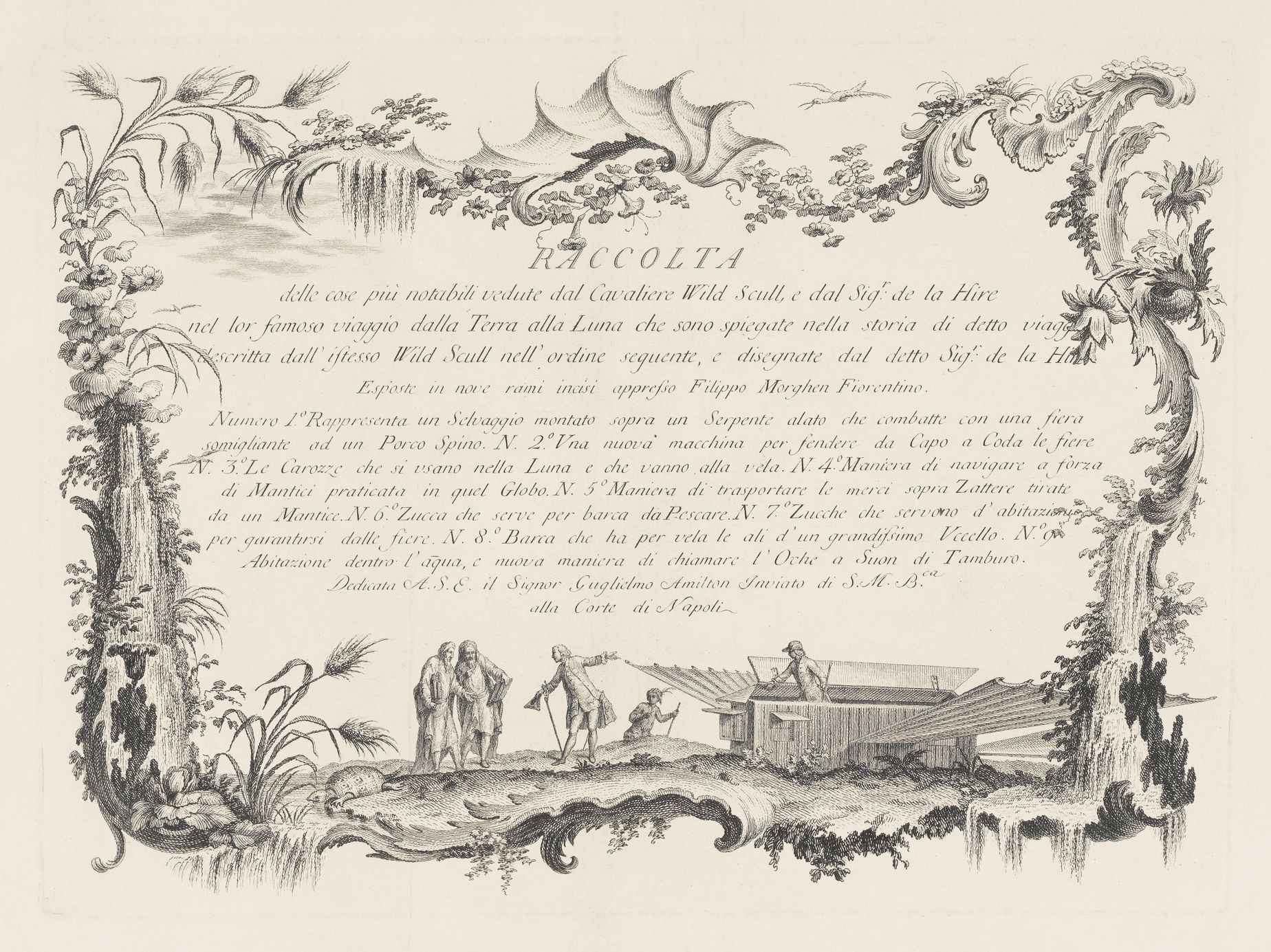 A detailed black and white engraving depicting a fantastical scene with a flying machine, a city landscape, and ornate scrollwork. The engraving is likely from the 18th or 19th century and features Italian text describing the depicted inventions and concepts.