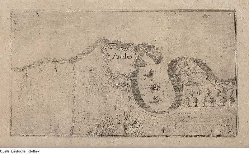 Vintage map of Antibes, a walled city with towers and buildings.