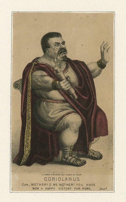 Vintage lithograph of Coriolanus, a stout man in a red cloak, seated in a chair with a sword, with text below.