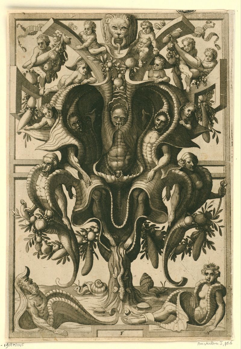 A detailed black and white engraving depicting a fantastical, grotesque tree-like structure with human faces, cherubs, and mythical creatures.
