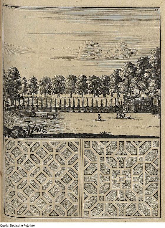 A vintage black and white engraving of a formal garden landscape with a decorative fence in the foreground.