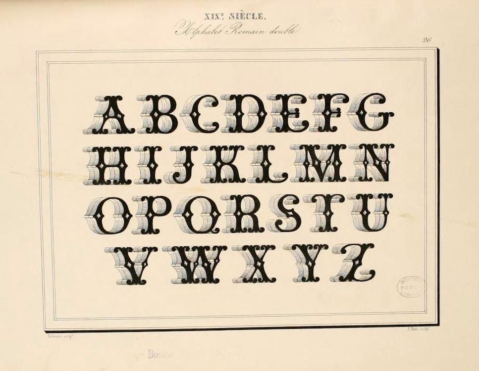 A vintage page displaying a complete alphabet in a decorative, ornate style.