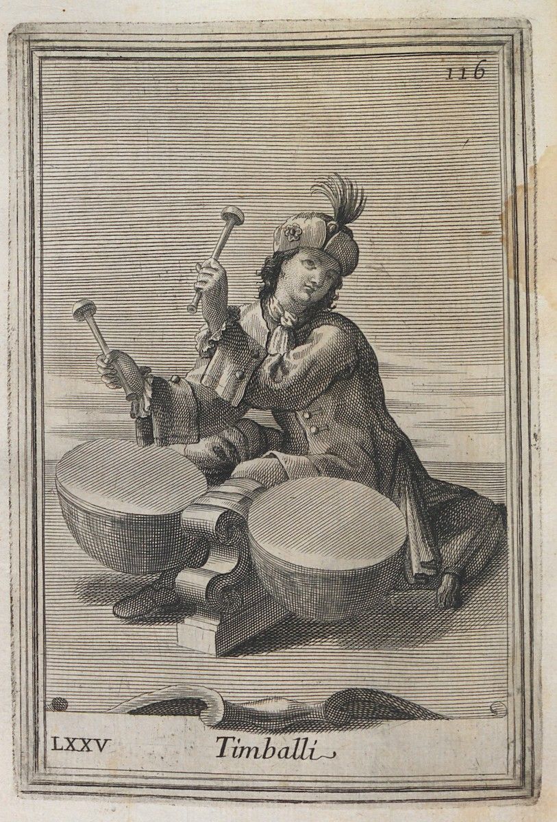 Engraving of a person playing the timpani, with the number 116 at the top right and the text 'LXXV Timballi' below.