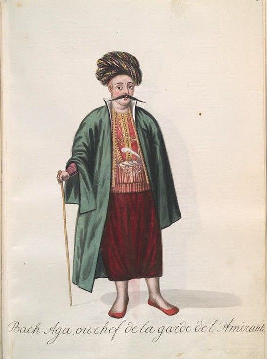 Watercolor painting of a man in traditional Ottoman attire, labeled "Bach Aga ou chef de la garde de l'Amiraut".