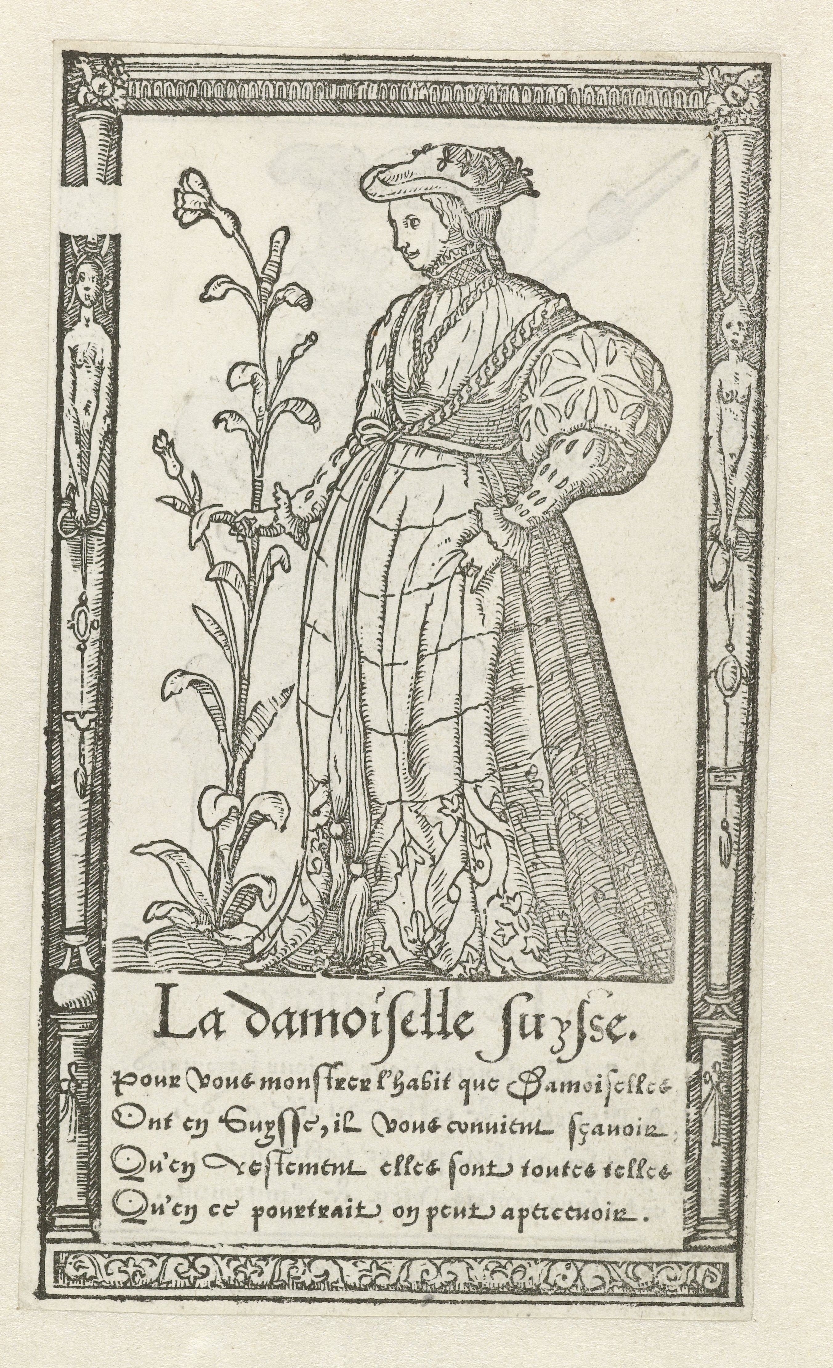 A black and white woodcut illustration of a woman in Renaissance attire, standing beside a flowering plant, within a decorative frame. Below the image is a block of French text.