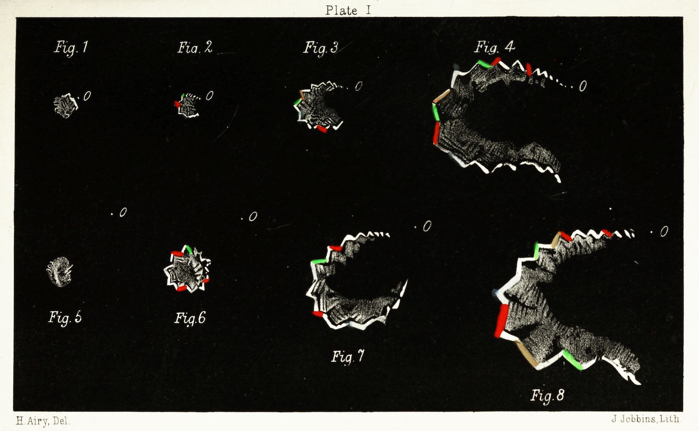 Plate I featuring eight diagrams labeled Fig. 1 through Fig. 8, showing a progressive transformation of a star-shaped object. The diagrams are rendered in a fine-lined, 19th-century scientific illustration style against a dark background.